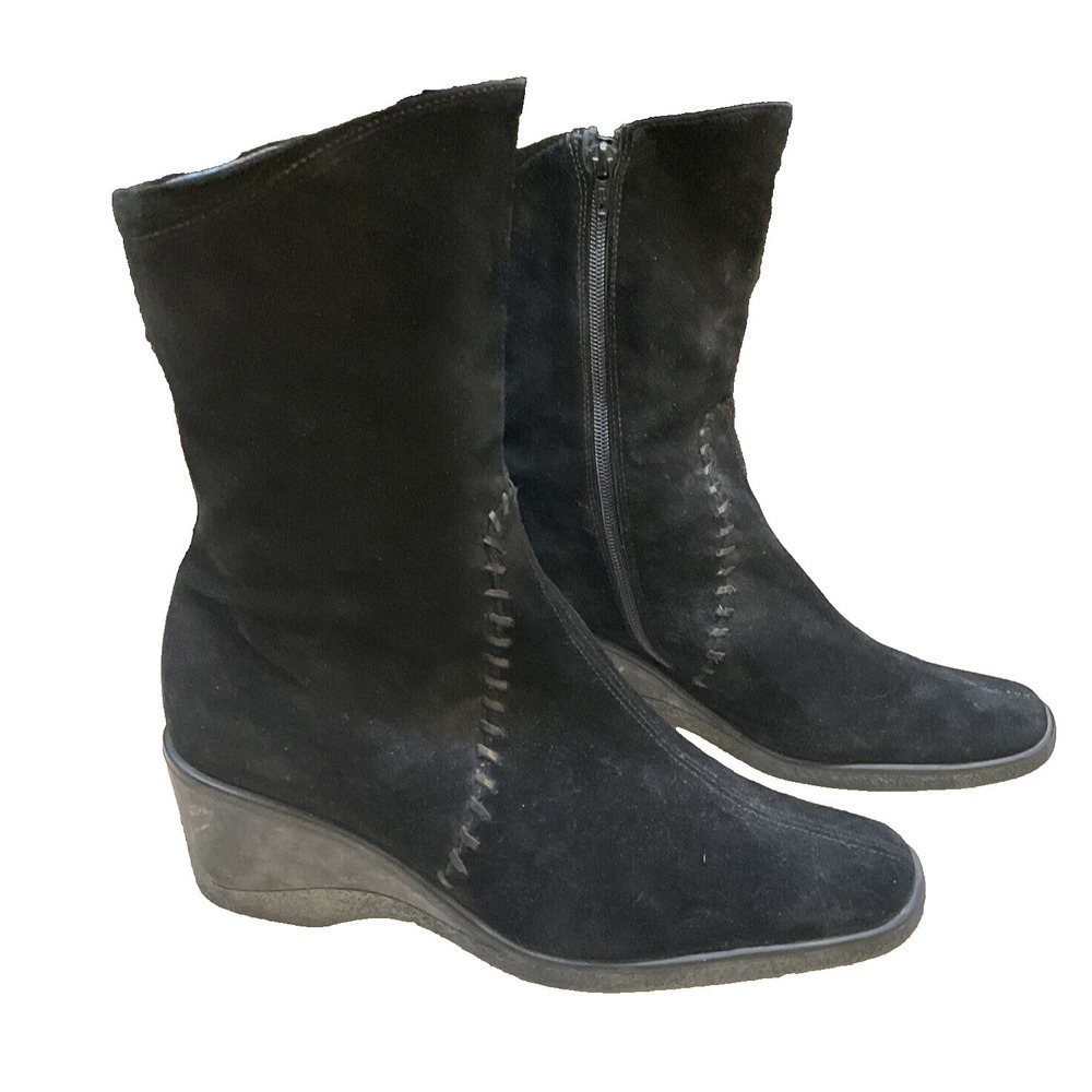 Aquatalia 9.5 Ankle Boots Wedge Booties Black Suede Zipper Stitching